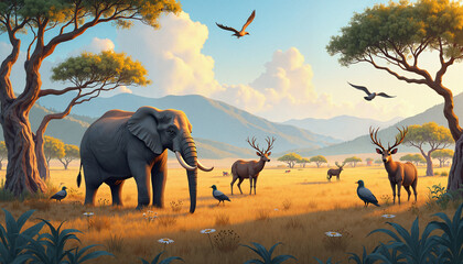A herd of elephants and other animals in the African savanna, representing wildlife conservation.