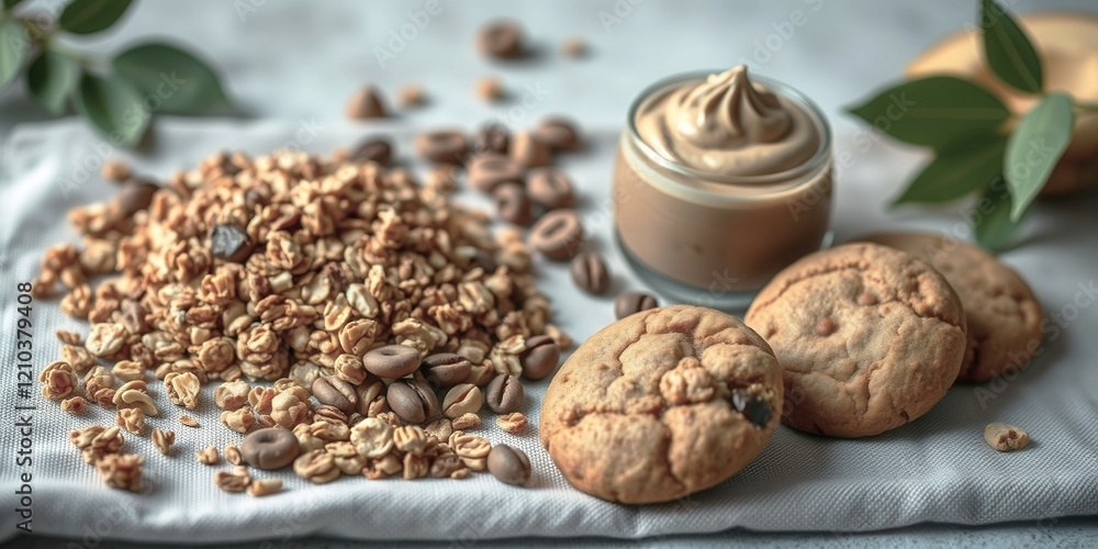 Poster a plate of cereal and cookies sits on a table with a jar of cream on top. the scene is inviting and 
