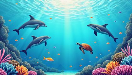 Obraz premium An underwater scene with dolphins and colorful corals, emphasizing marine biodiversity.