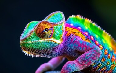 Fototapeta premium Blue bar panther chameleon macro of the head isolated against a black background