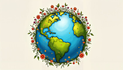 Fototapeta premium A beautiful illustration of Earth surrounded by flowers and leaves, symbolizing nature’s harmony.