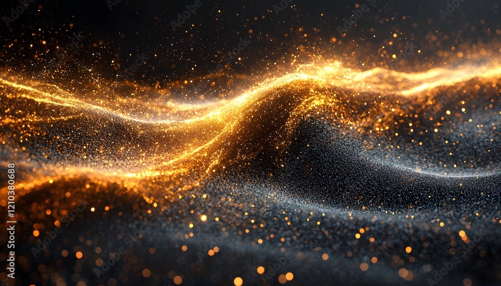 Poster Glowing Abstract Waves of Light and Sparkles Creating a Dreamy Atmosphere of Magic and Mystique with Vibrant Gold and Black Colors in a Digital Art Style