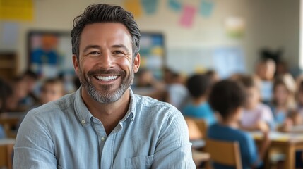 Obraz premium Male teacher smiling in a cheerful elementary classroom filled with engaged students during a lesson