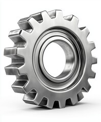 Realistic metallic rounded gear settings icon representing mechanical engineering concepts in a modern digital design, isolated on a white background.