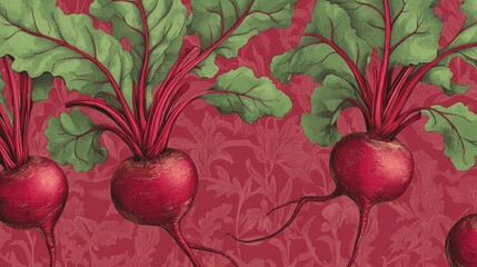 Detailed illustration of three vibrant red beets with lush green leaves against a textured maroon background.