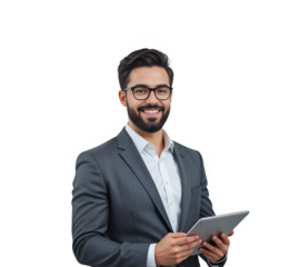 Handsome businessman using a tablet and working, isolated on transparent background
