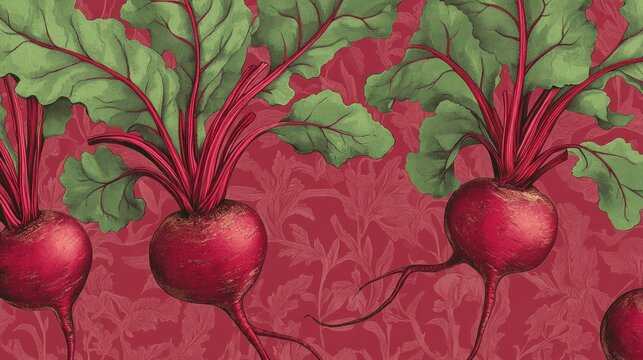 Detailed illustration of three vibrant red beets with lush green leaves against a textured maroon background.