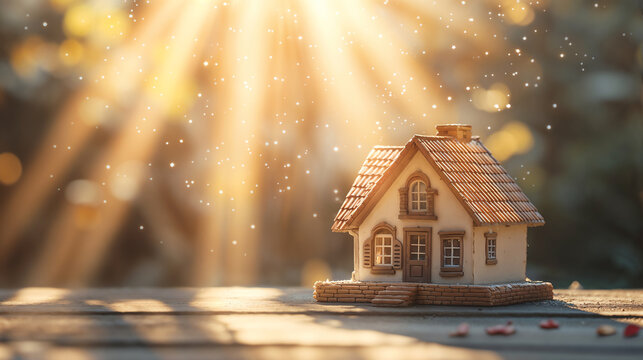 Sunlit house model with magical atmosphere. Ideal for dream home marketing, aspirational property concepts, and positive real estate themes.