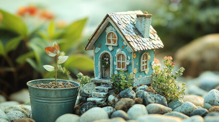 Whimsical blue cottage with garden accessories. Great for creative property staging, garden home marketing, and outdoor living concepts.