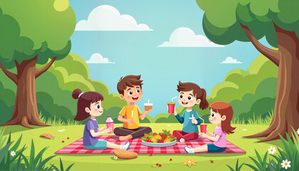 Children Having a Picnic Under Trees in a Park