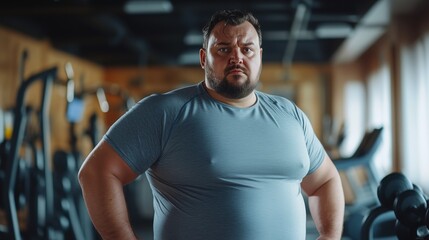 Fototapeta premium Slightly overweight man engages in exercise routine in a well-lit gym during morning hours
