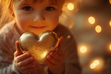 Small child joyfully holds a shimmering golden heart surrounded by soft glowing lights