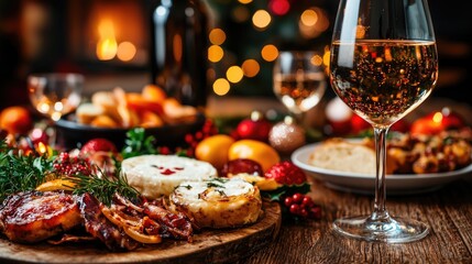 Festive Christmas dinner table with wine, food, and decorations