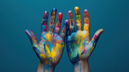Hands Covered In Rainbow Paint Splatters