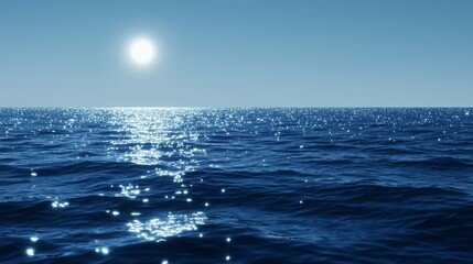 Deep blue ocean with glowing particles, soft and serene, ethereal atmosphere, peaceful and magical, high detail and dynamic reflections, calm and elegant
