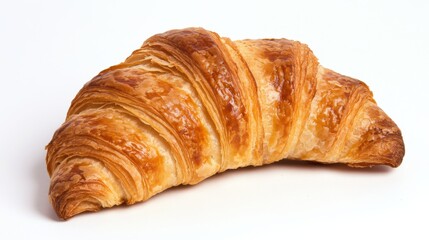 A freshly baked croissant with its golden, flaky layers and slightly curved shape, Each croissant’s vibrant color and subtle imperfections captured with precision