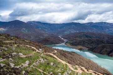 High angle view over the Gamti Mountain and Bovilla lake in Albania