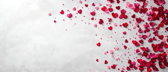 Fototapeta premium Light gray background with scattered pink and red confetti Valentine's day Background
