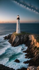 Lighthouse on Rocky Coast at Night

