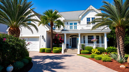 Luxury Beach House Exterior: Modern Coastal Home Design and Landscaping. This stunning property features a beautiful facade, palm trees, and a well-manicured garden. The perfect coastal retreat!