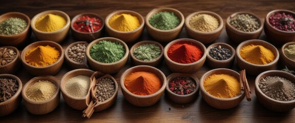 Different types of spices in rustic wooden bowls, natural flavors, dried herbs, culinary essentials, food presentation, pantry staples