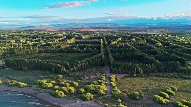 Geometry in the nature of Argentina. Soar above the stunning landscapes of Los Antiguos. This breathtaking drone footage the vast expanse of the lake, its shores fringed with lush green forests.