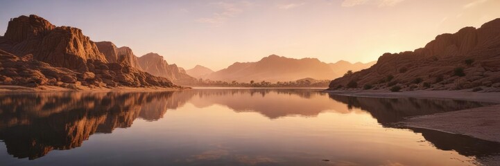 Fototapeta premium Desert landscape with reflections on Al Qudra lake at sunrise, Morning Light, Reflections, Desert Landscapes