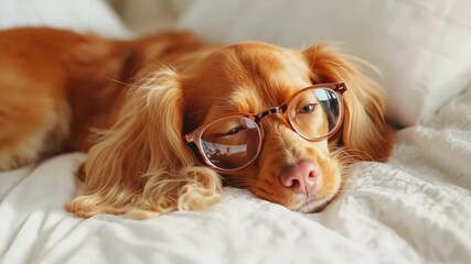 A adorable dog wearing glasses, peacefully sleeping on a cozy bed, embodying relaxation and comfort.