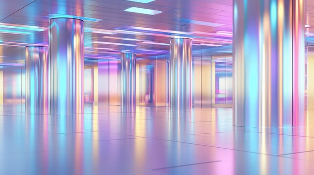 Holographic Hallway: An immersive and otherworldly interior space featuring a striking array of holographic pillars, reflecting a symphony of vibrant colors in a hypnotic pattern. - Powered by Adobe