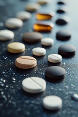 Macro shot of various pills on a surface.