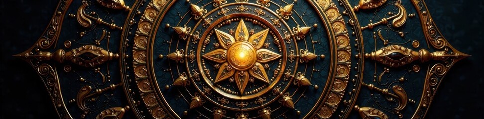 Obraz premium Ornate golden mandala radiating outwards, deep black backdrop, black, symmetry