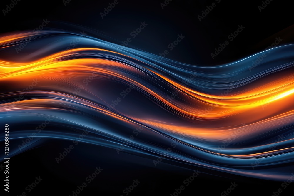Poster vibrant abstract waves in orange and blue, creating a dynamic flow on a dark background. perfect for