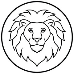 Lion Head in Circle Line Art Vector Illustration and Logo Outline Drawing