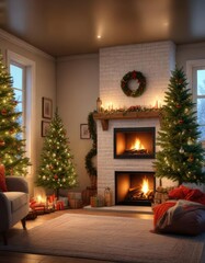 Cozy living room with Christmas tree and fireplace, festive decor, warm ambiance