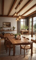Fototapeta premium Cozy living room with a large wooden dining table and soft lighting, large wooden table, cozy living room, peaceful atmosphere