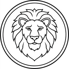 Lion Head in Circle Line Art Vector Illustration and Logo Outline Drawing