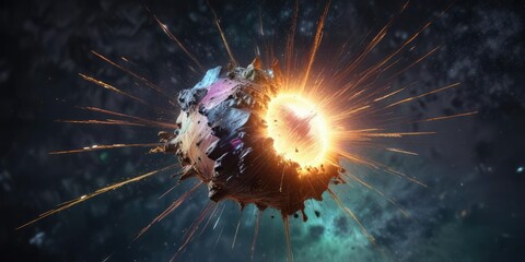 Cosmic ray particles hitting a cosmic dust particle, force, light, movement