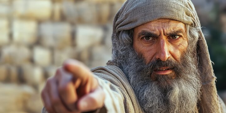 Elderly pharisee man pointing with long beard and headscarf in historical setting dramatic portrait engaging atmosphere