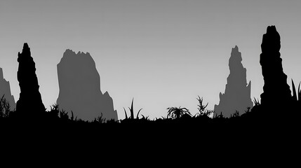 Obraz premium Silhouetted Mountains and Plants Landscape Scene