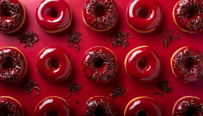 Donuts mit Himbeer-Glasur und Schokoladenraspeln &ndash; Elegantes Food-Design auf Rot
