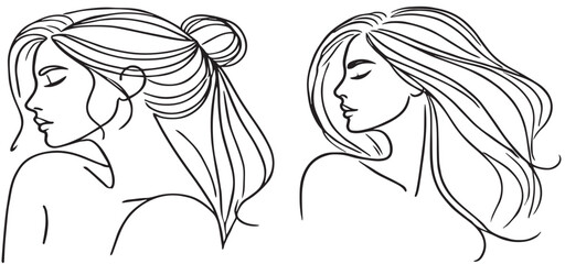 girl with hair and long hair line art vector
