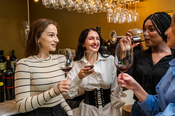Group of women friends drinking wines celebrating after work