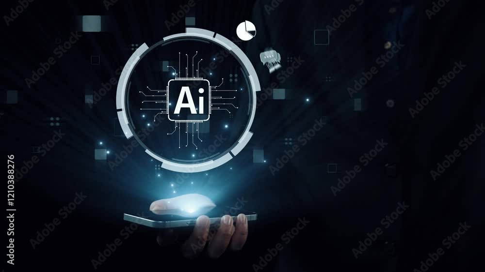 Poster human interact with ai artificial intelligence brain processor in concept of ai artificial intellige