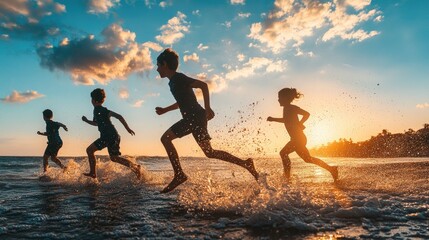A family running in a playful race along the shoreline, their feet kicking up water and sand.