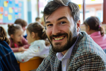Fototapeta premium Portrait of a smiling college teacher, AI generated image