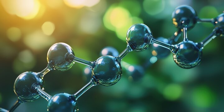 Closeup of shimmering pfas molecule with aqua bubbles in blurred nature environment