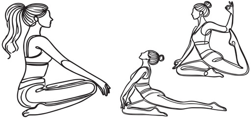 Continuous one line drawing of yoga woman poses. Vector illustration. Yoga poses woman