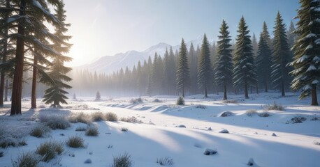 Frosty valley with towering evergreen trees blanketed in thick layer of white snow, serene valley, tree cover, wintry scene