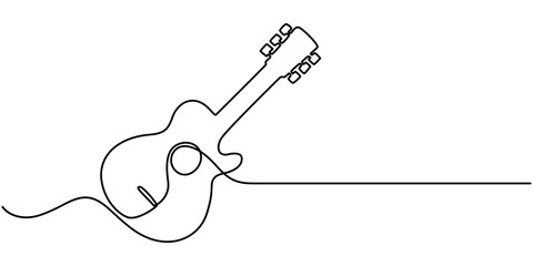 One continuous line drawing of acoustic guitar, Vector guitar continuous  One line sketch drawing concept of music illustration and minimalistic, Guitar Continuous Line Illustration, Acoustic guitar.