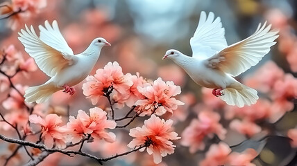 pair of white doves flying among pink blossoms, creating serene atmosphere